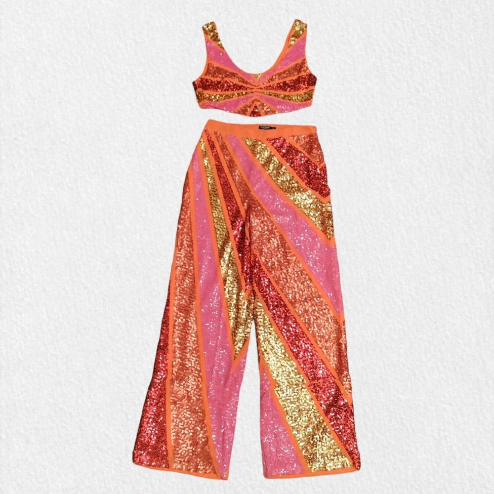 Nasty Gal Size 8 Sequin Wide Leg High Rise Flare Pants & Crop Top Set Disco EUC